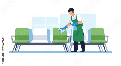 Cleaner sanitizing public waiting area chairs with spray and cloth, hygiene concept