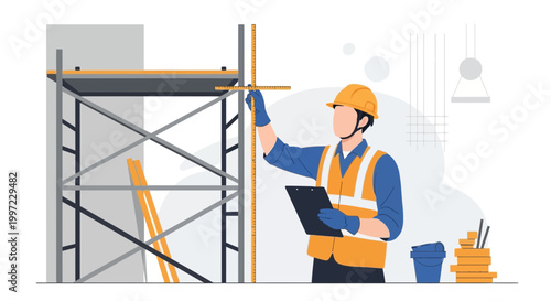 Construction worker inspecting scaffolding with clipboard, safety vest, hard hat