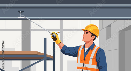 Construction worker measuring steel beam with tape measure on building site