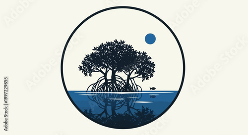 Tree with roots in water landscape.