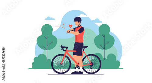 Cyclist checking fitness tracker on smartwatch after bike ride in park, healthy lifestyle