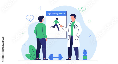 Doctor advises patient on light jogging exercise with dumbbells and water bottle