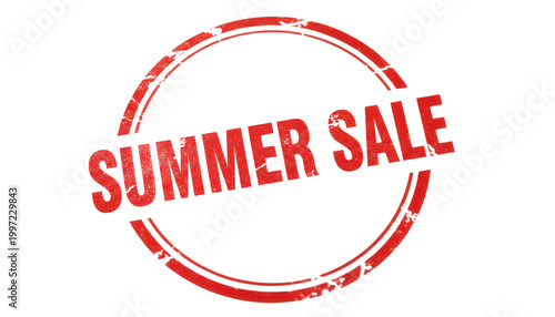 Red Summer Sale rubber stamp on white background, distressed vintage circular seal, weathered seasonal promotion icon for retail marketing