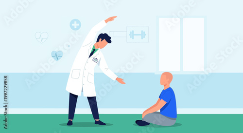 Doctor assisting patient with physical therapy exercises in a clinic