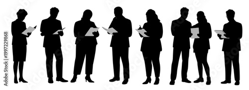 Silhouettes of professionals stand in line holding documents. They appear focused, engaged in discussion or review. The scene suggests business meetings, presentations, or collaboration