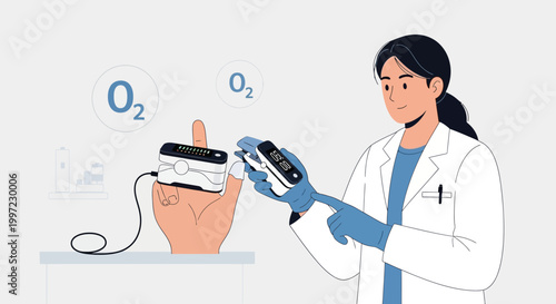 Doctor checking oxygen saturation with pulse oximeter on patient's finger, medical concept