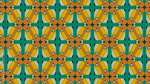 Retro Geometric Seamless Pattern with Swirls and Triangles