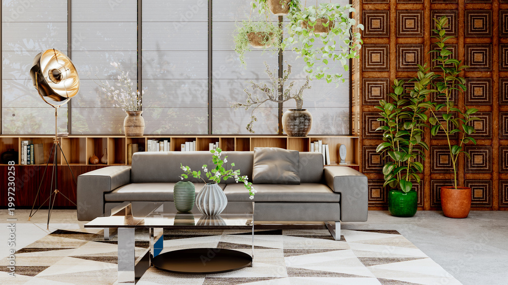 Obraz premium 3D render, illustration Luxury modern living room interior, realistic lighting, wide angle, contemporary furniture, clean lines, minimalist decor, elegant home design, large window