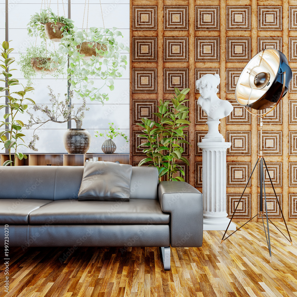 Obraz premium 3D render, illustration Luxury modern living room interior, realistic lighting, wide angle, contemporary furniture, clean lines, minimalist decor, elegant home design, large window