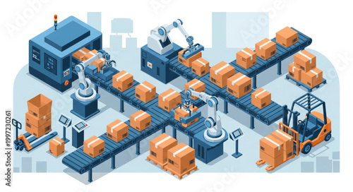 Automated Factory Production Line with Robotic Arms and Forklift.