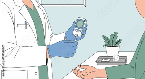 Doctor checks blood sugar with glucose meter, diabetes test, patient care