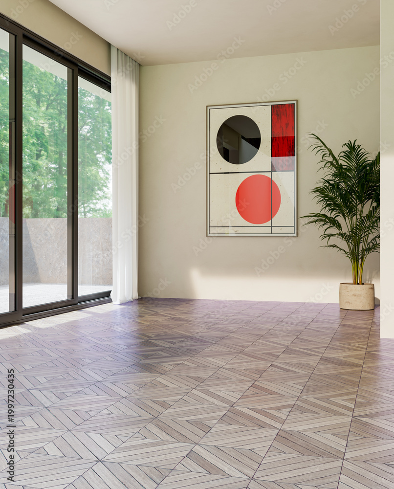Obraz premium 3D render, illustration Luxury modern living room interior, realistic lighting, wide angle, contemporary furniture, clean lines, minimalist decor, elegant home design, large window