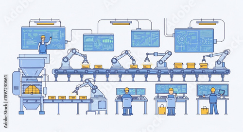 Automated Factory Production Line with Robotic Arms and Monitors.