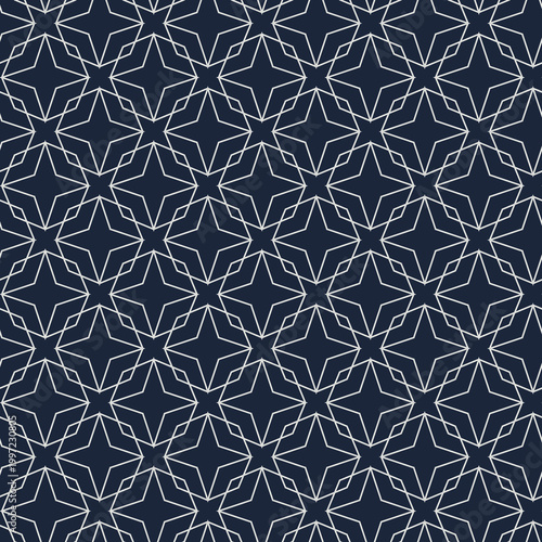 Seamless navy blue Islamic geometric pattern featuring white eight point stars and elegant linear designs.