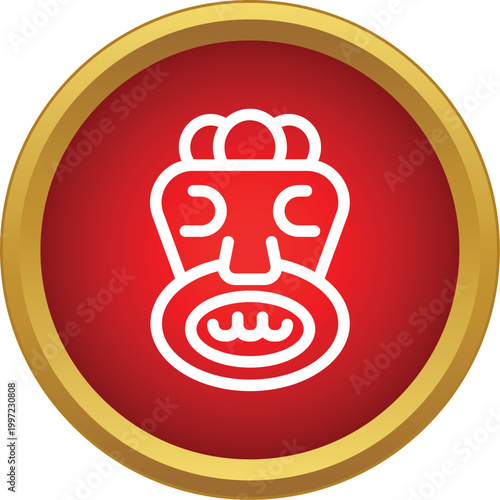Polynesian tribal tiki idol face symbol on a red round button