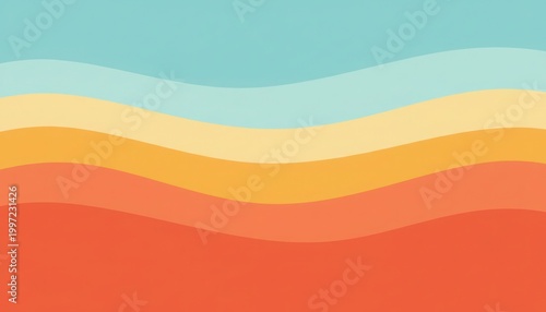 Retro 70s abstract wave background, vintage sunset color palette with orange and teal stripes, groovy wavy lines pattern for summer backdrop