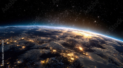 View of Earth from orbit at night with city lights and stars in the background