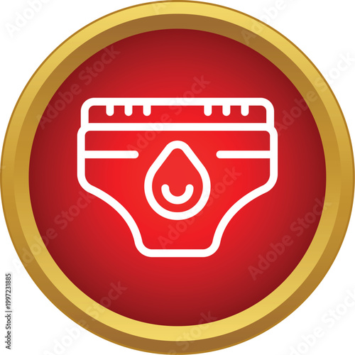 Diaper outline icon with liquid drop design on a red and gold circle background