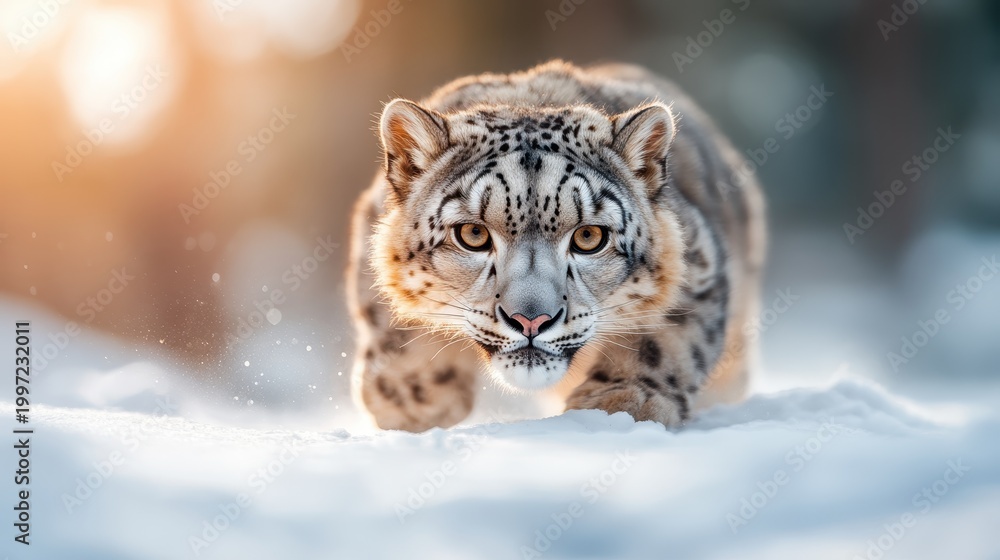 Obraz premium A majestic snow leopard prowls through a snowy landscape, showcasing the beauty and fragility of wildlife in its natural habitat against a backdrop of soft, ethereal light.