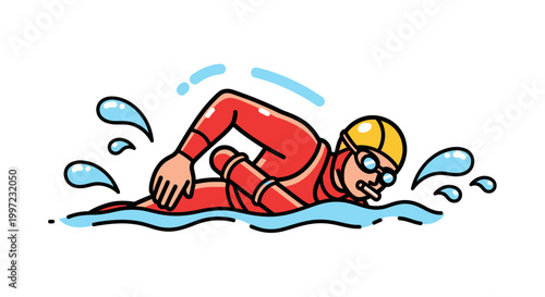 Man wearing red swimsuit swims fast.