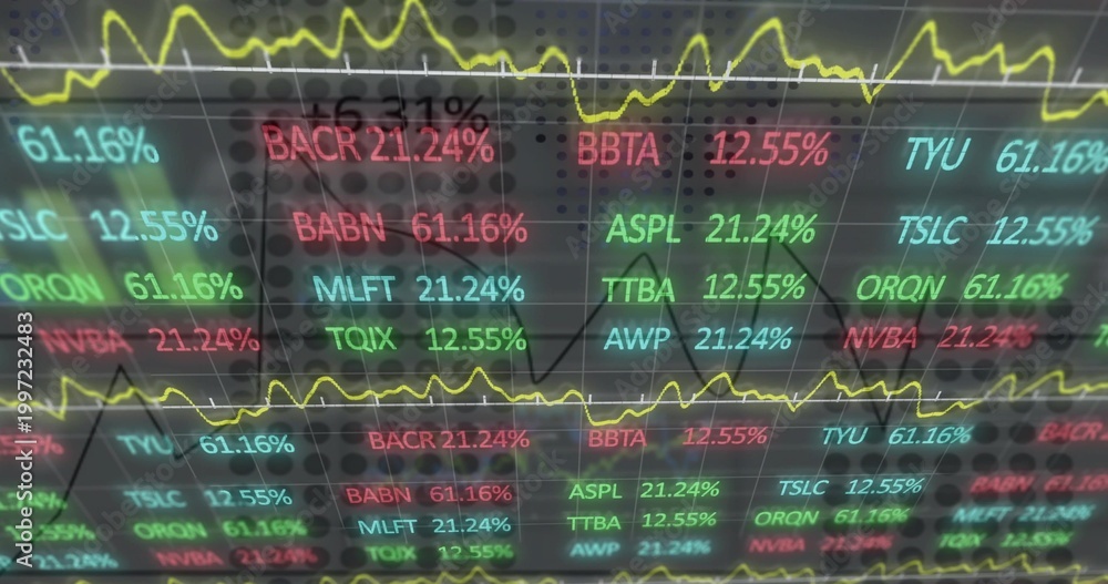 Fototapeta premium Showing ticker screen with dotted panel, LED tickers, percents and yellow lines on trading desk