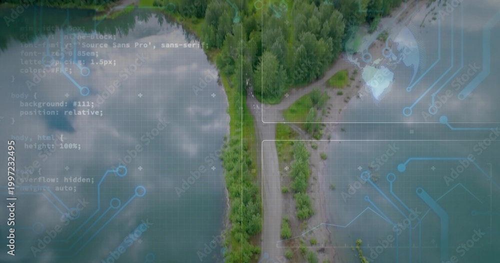 Obraz premium Showing narrow wooded land spit with central road running along lakeshore, with circuit overlays