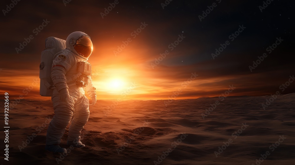 Fototapeta premium An astronaut stands in awe on an alien landscape at sunrise, capturing the wonder of space exploration and the breathtaking beauty of extraterrestrial environments.