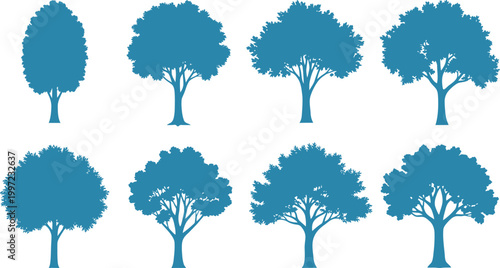 Collection of diverse blue tree silhouettes showcasing unique canopy shapes, natural growth patterns, botanical diversity, and landscape design inspiration
