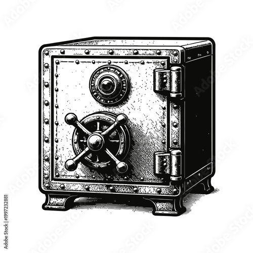 Black and white illustration of a classic metal safe with combination lock and handle on the front, isolated on a white background.