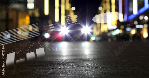 Showing incoming car headlights flaring on textured road at night with AR overlays and store lights