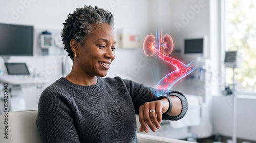 A woman examines a 3D medical visualization of internal organs on a smart watch. This image offers a glimpse into the future of healthcare and medical technology.