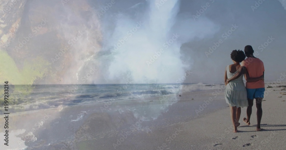 Obraz premium Walking couple hugging along beach, footprints on wet sand, sundress, swim shorts, wash, copy space
