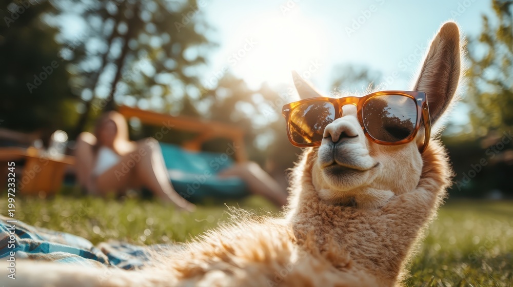 Fototapeta premium A relaxed llama lounging outdoors in stylish sunglasses, showcasing a fun and quirky side of nature with a playful vibe that resonates with outdoor enthusiasts.