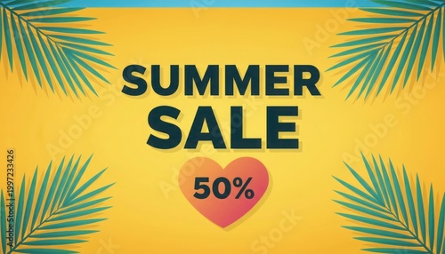 Summer Sale promotional banner with 50 percent discount, tropical palm leaves on yellow background, seasonal marketing poster with heart icon