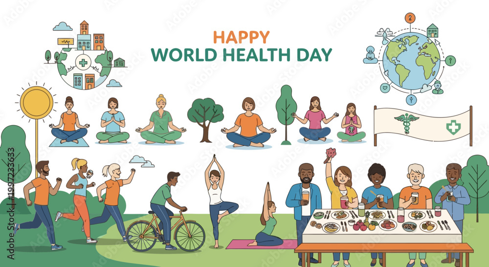 Fototapeta premium Celebrating Global Health Day with Diverse Communities Embracing Healthy Lifestyles, Wellness Practices, and Sustainable Living for a Better Future