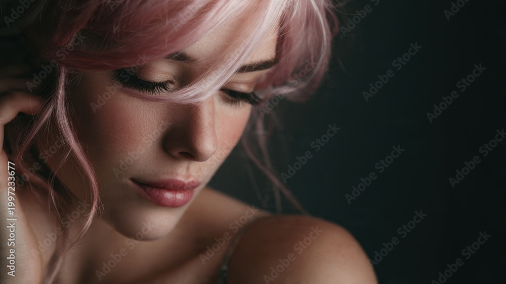 Fototapeta premium Thoughtful portrait of a beautiful young woman with vibrant pink hair, soft lighting, and an elegant, contemplative expression against a dark background.