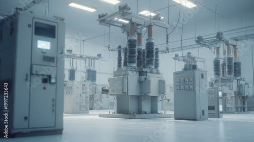 Modern power transmission facility storing and distributing electrical energy with rows of high voltage transformers and circuit breakers, ensuring efficient energy grid operation