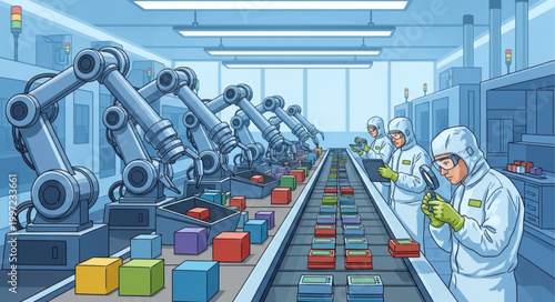 Automated Factory Production Line with Robotic Arms and Workers.
