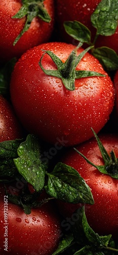 Close-Up of Fresh Red Tomatoes with Green Leaves and Water Droplets, Representing the Fresh Visual Themes of Organic Vegetables, Healthy Ingredients and Culinary Staples