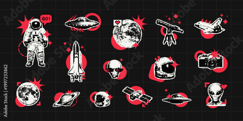 Trendy collage vector set of space icons. Astronaut, planet, ufo, rocket ship, and alien stickers with halftone design. Retro digital art for science fiction and cosmic exploration theme.