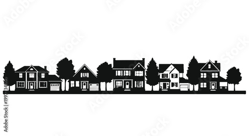 Suburban neighborhood street silhouette with multiple houses and trees, community housing and real estate development concept icon.