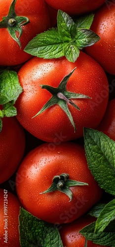 Close-Up of Fresh Red Tomatoes with Mint Leaves and Water Droplets, Representing the Fresh Visual Themes of Organic Vegetables, Healthy Ingredients and Refreshing Culinary Combinations