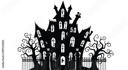 Haunted house mansion silhouette with dead trees and fence, Halloween horror and spooky creepy estate symbol isolated on white.