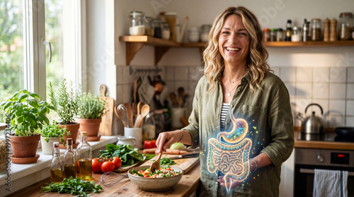 A smiling individual creates a healthy meal in the kitchen, alongside a colorful illustration of the digestive system, promoting well-being and mindful eating habits.