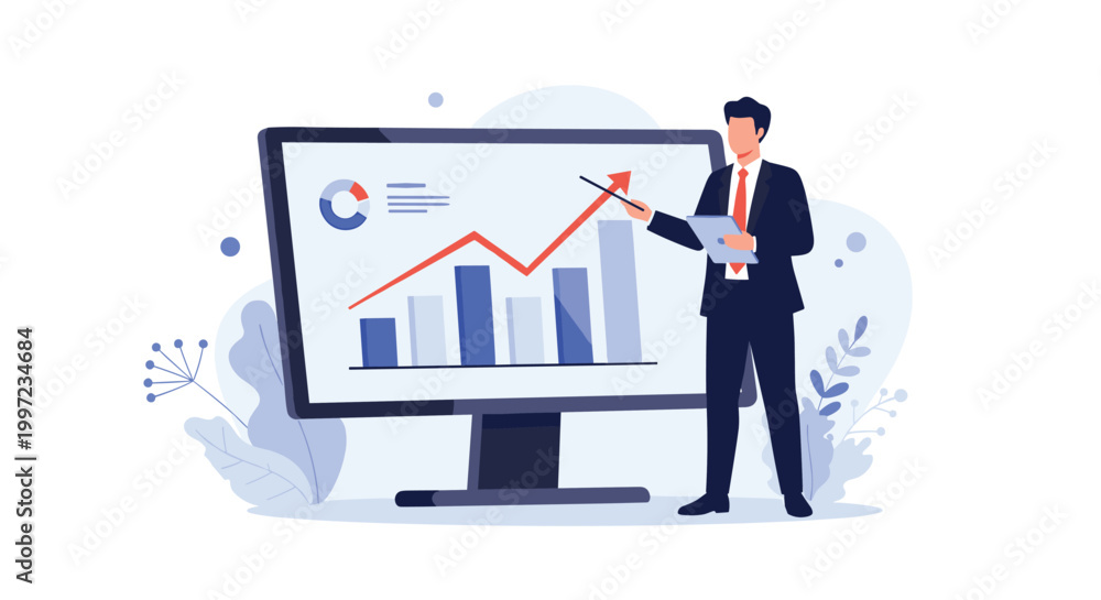 Naklejka premium Professional businessman in a suit presenting a successful financial growth chart on a large computer monitor in a modern office setting.