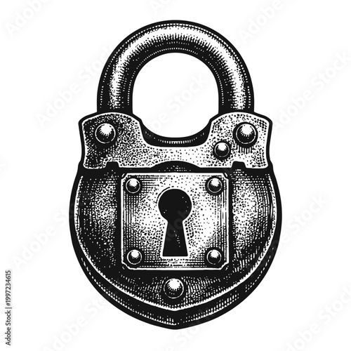 A vintage-style illustration of a padlock with a keyhole on a white background, symbolizing security and protection.