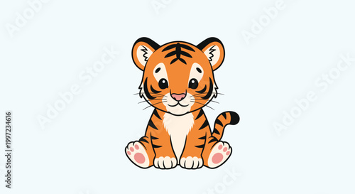 Adorable illustration of a small tiger cub with bright orange fur and black stripes sitting peacefully on a light blue background.