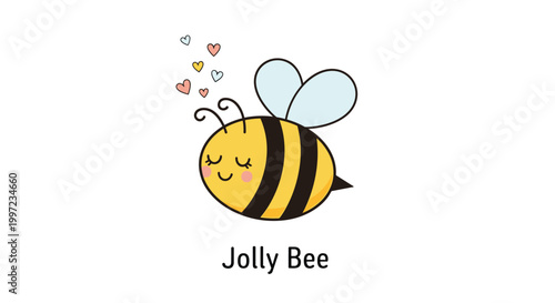 Cheerful cartoon bee character with rosy cheeks and flying hearts above its head with the words jolly bee written below on white background.