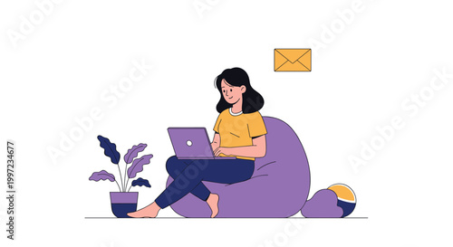 Young woman focused on her purple laptop while sitting comfortably on a large purple bean bag chair with a plant nearby in a home office.