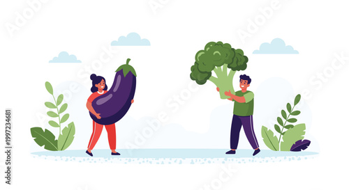 Man and woman carrying oversized healthy vegetables like eggplant and broccoli while walking outdoors on a bright and clear day.